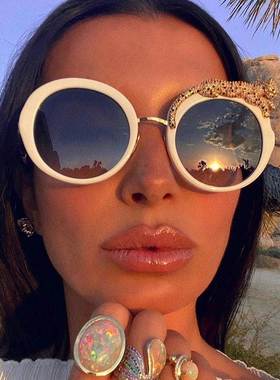 欧美ins新款时尚圆框墨镜女豹子防蓝光镶钻大框太阳镜sunglasses