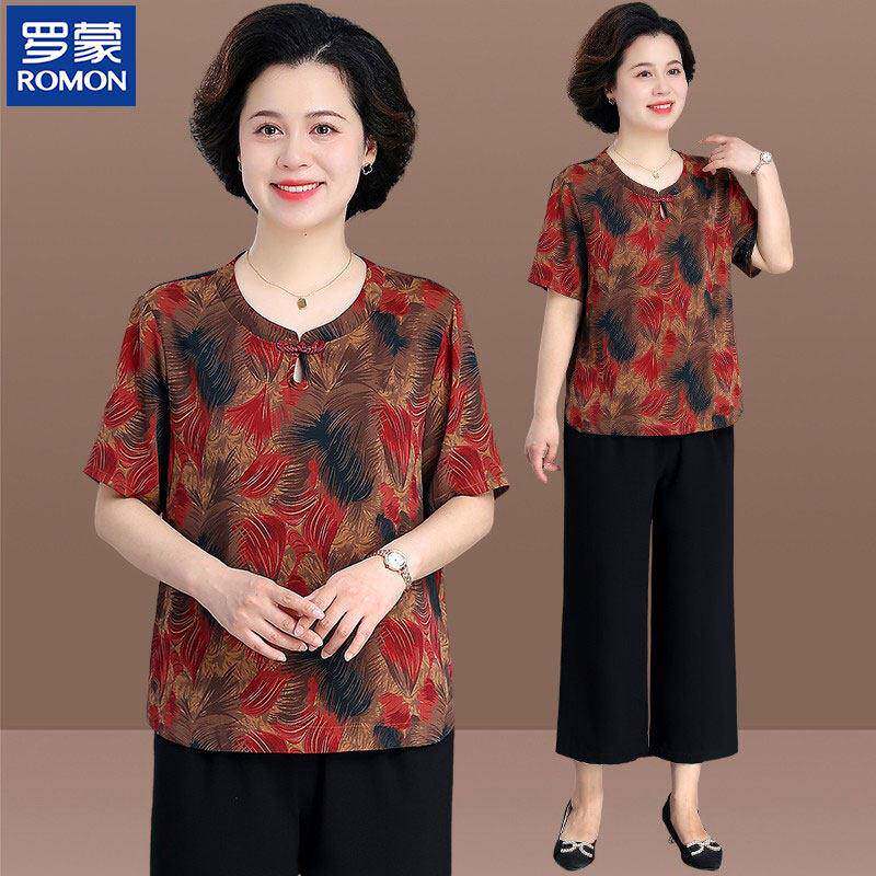罗蒙中老年人女夏装雪纺套装老太太奶奶装衣服妈妈新中式短袖T恤