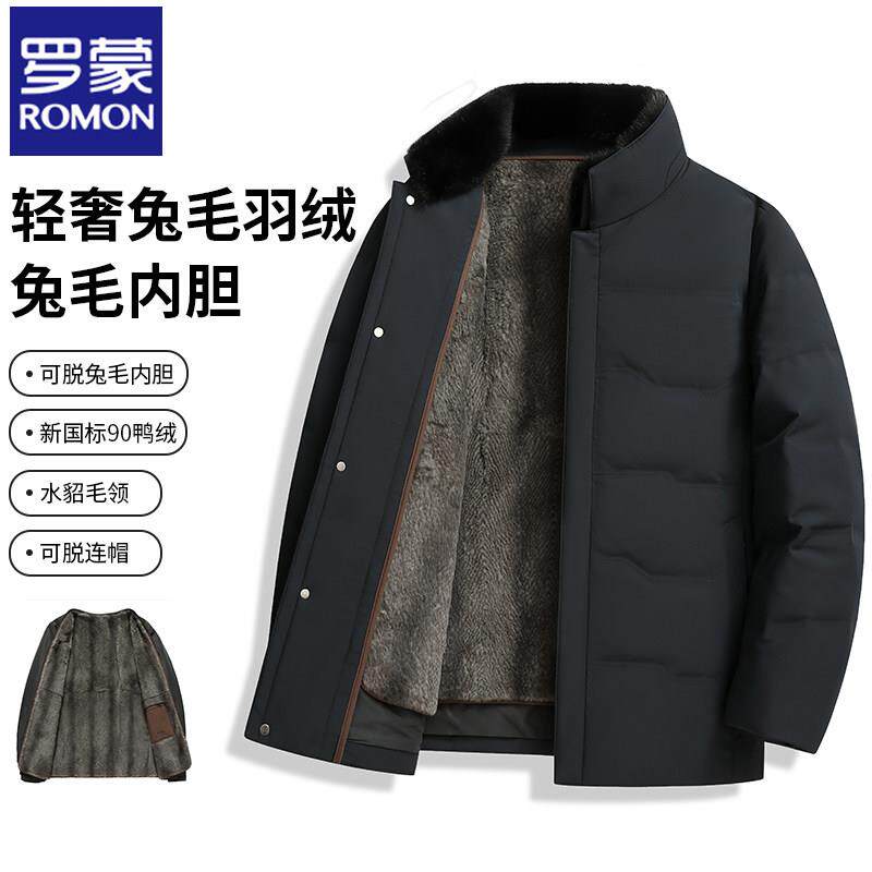 罗蒙高端水貂毛羽绒服男立领派克服中老年爸爸装尼克服真兔毛外套