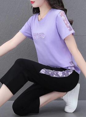 大码时尚运动套装女夏棉分WRP2024闲妈七妈裤装减龄40岁休黑色032