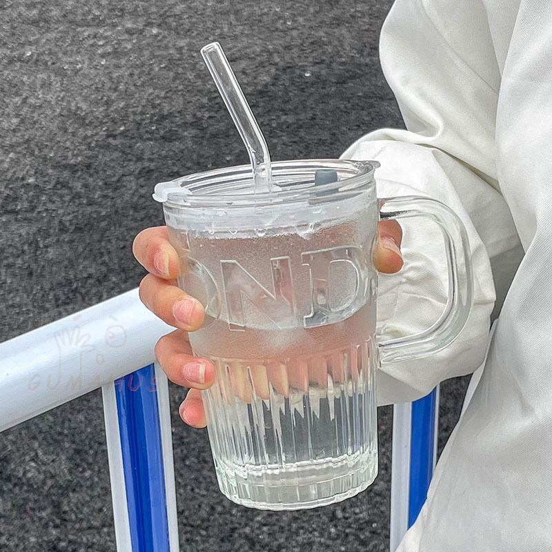 欧式的复古带盖子玻m璃杯吸管杯家用喝水杯男女生可携式果汁奶茶