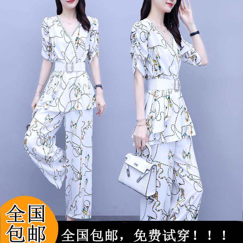 职套装女2024季新款减龄显瘦网红气质BHE洋气雪纺业阔腿夏裤两年