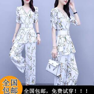职套装女2024季新款减龄显瘦网红气质BHE洋气雪纺业阔腿夏裤两年