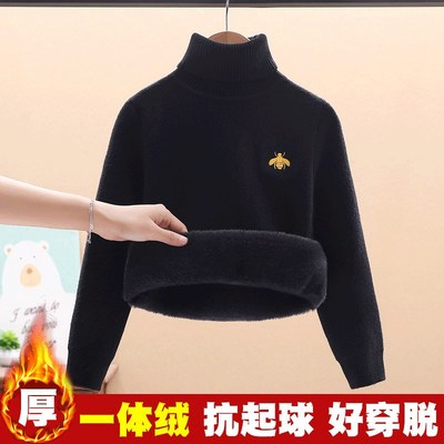 女童毛衣一体绒秋冬新款儿童针织衫女加绒加厚宝宝套头高领打底衣