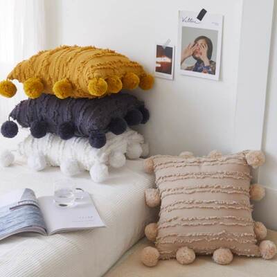 Solid Cushion Cover Floral Tassels Square Pillow case White