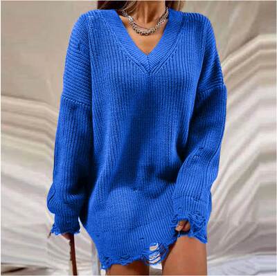Ripped Knitted Sweater 欧美秋冬纯色破洞长袖宽松套头针织毛衣