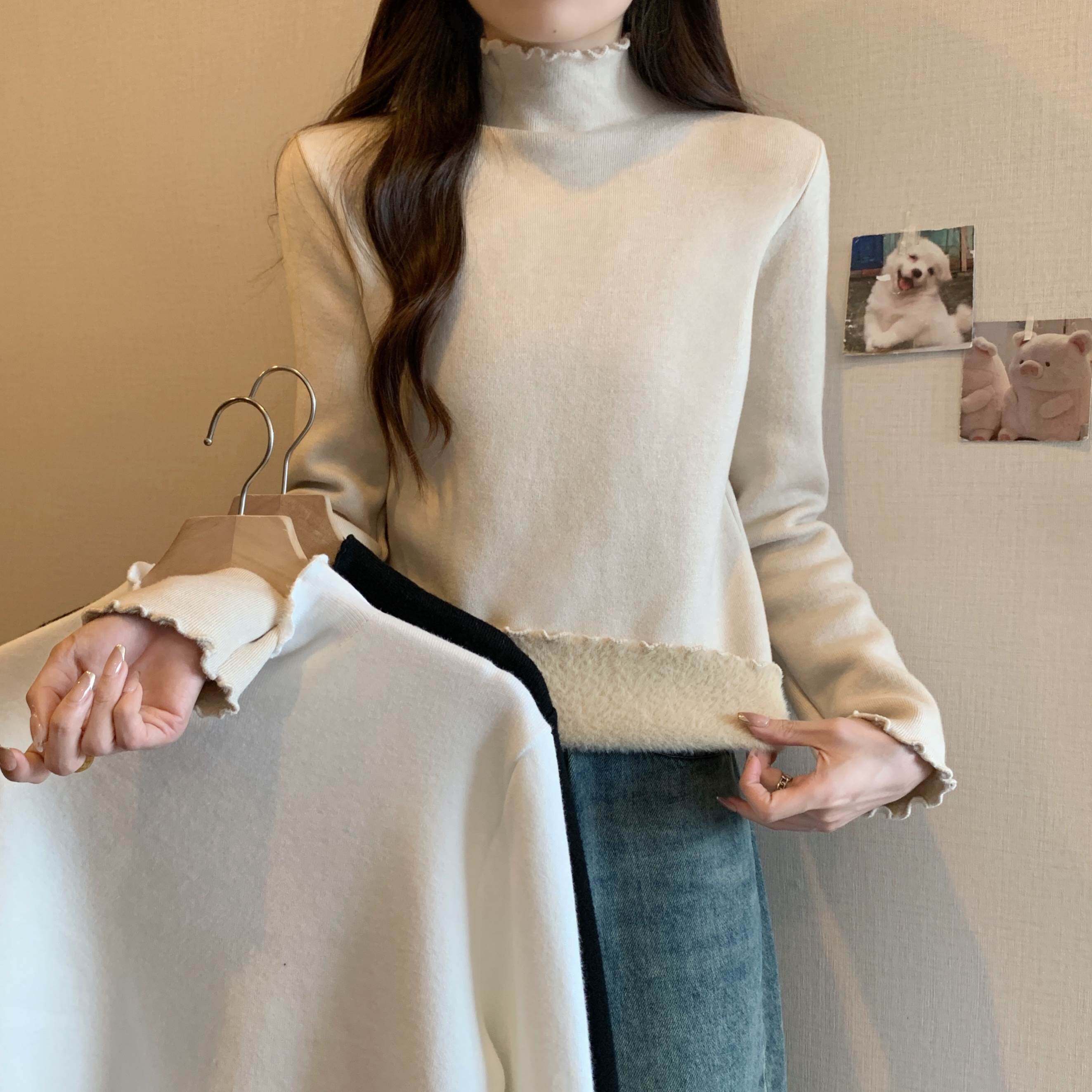 200斤加绒加厚半高领打底衫一体绒毛衣上衣外贸特大码女装速卖通