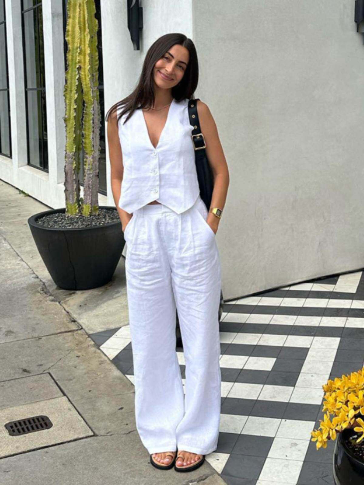 Vest pants cotton set 法式棉麻无袖背心马甲长裤白色休闲套装女