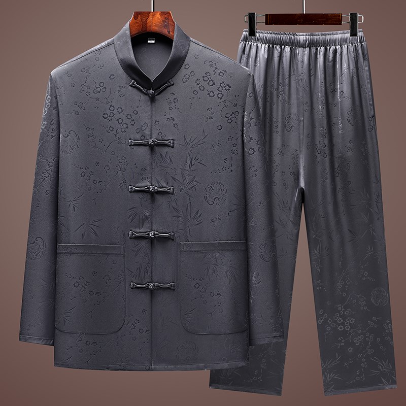 中国风男士唐装春夏薄款长袖套装爷爷老人衣服爸T爸中式衬衫中老