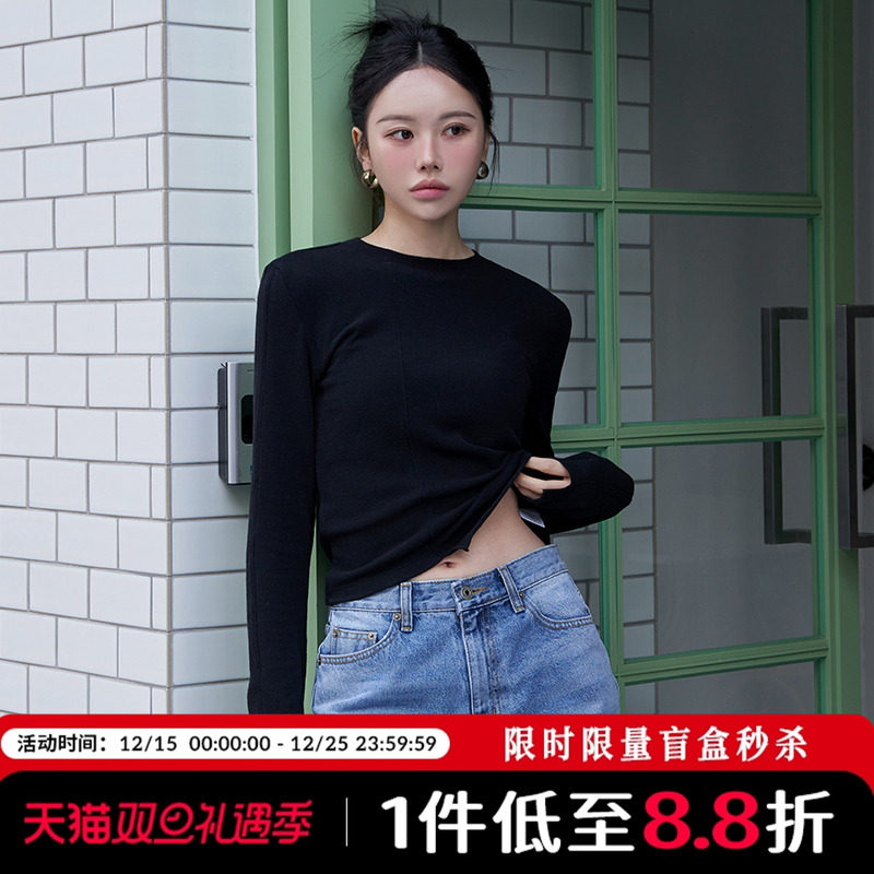 Mathieu韩国圆领不规则长袖T恤女早春新款黑色打底衫复古上衣薄