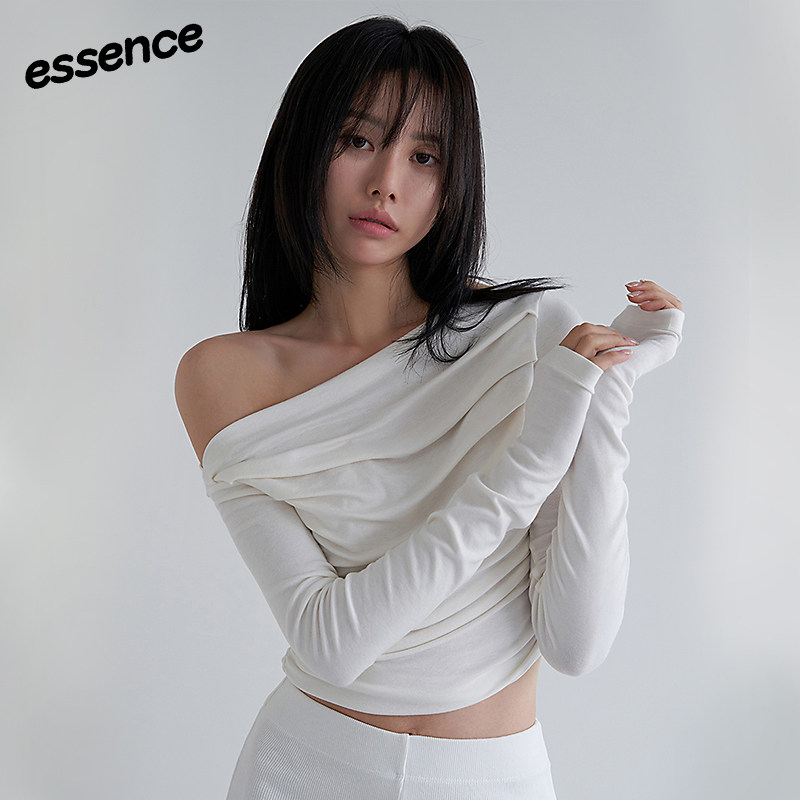 Mathieu【韩系极简系列】斜肩防晒长袖T恤女夏新款设计感抽褶上衣