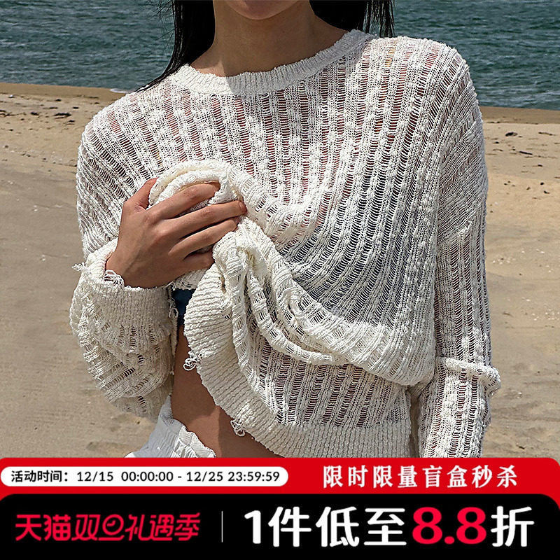 Mathieu韩国性感透视针织衫女春季新款洋气慵懒风宽松别致上衣薄