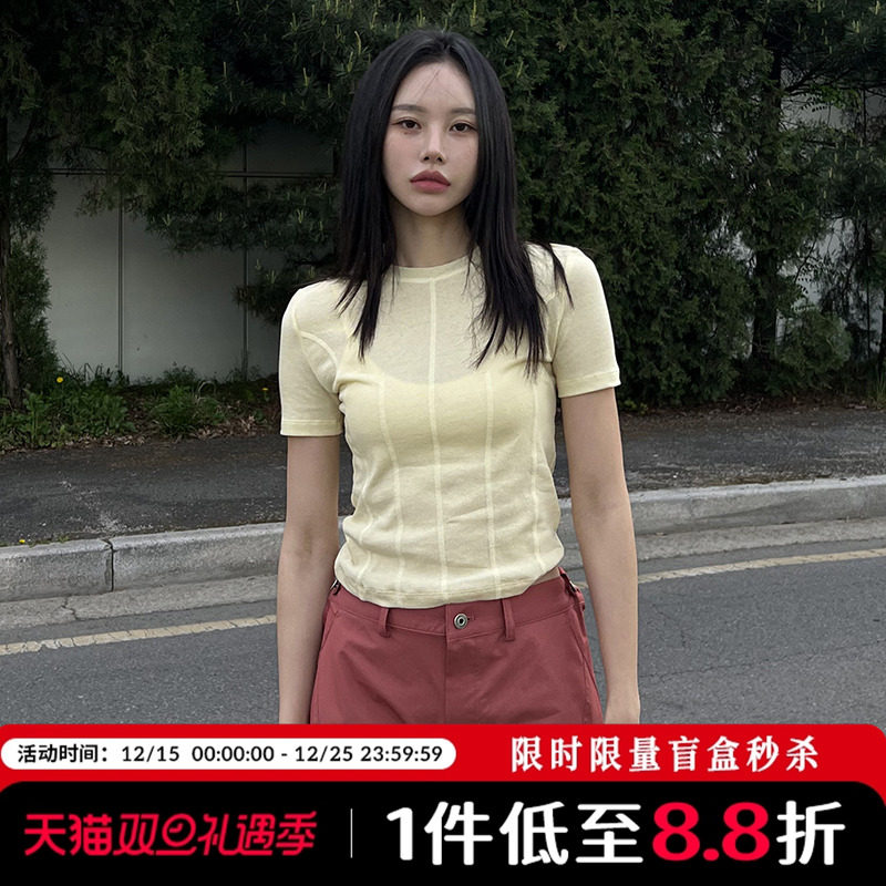 Mathieu韩国短款微透短袖T恤女夏季洋气打底衫设计感褶皱甜辣上衣