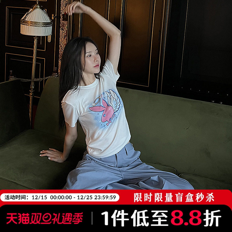 Mathieu韩国时尚短袖T恤女夏季别致短款正肩体恤洋气甜辣印花上衣