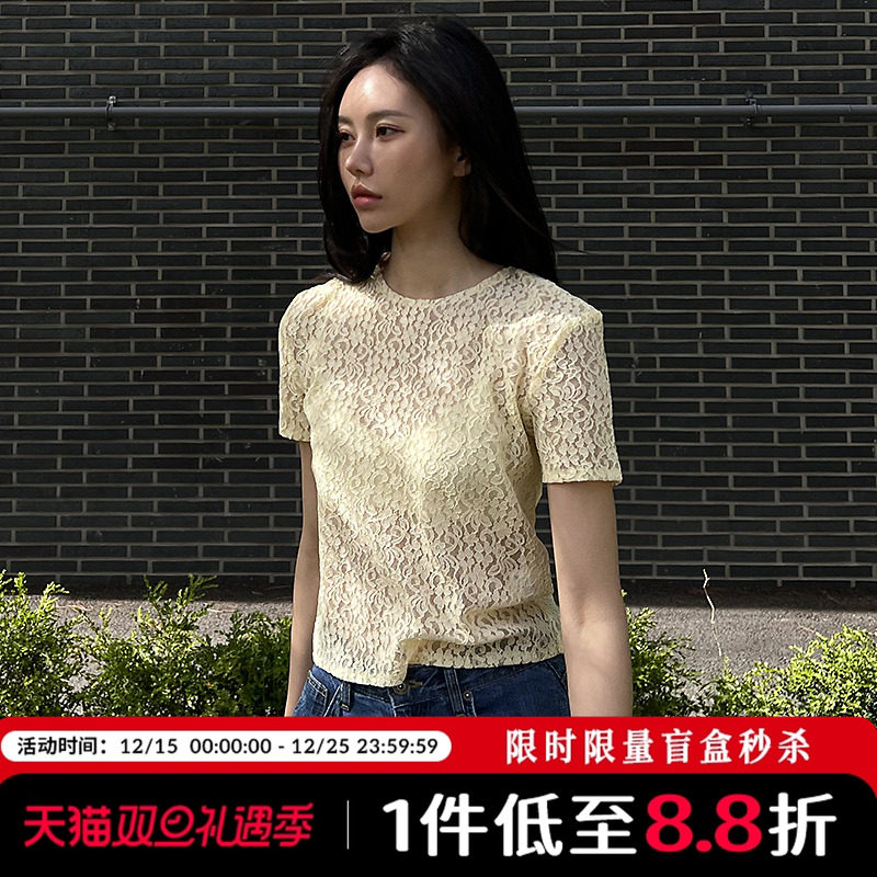 Mathieu韩国法式气质蕾丝提花短袖T恤女夏季洋气显瘦性感透视上衣