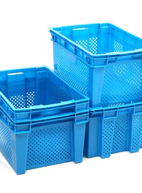 批发630反转套叠错位筐蓝色中转塑胶框肉类冷链存储框带眼漏水筐