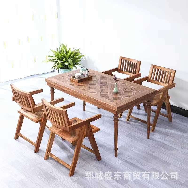 复古老榆木拼花餐桌长方形原木老门板吃饭桌子家用餐厅多人餐桌椅