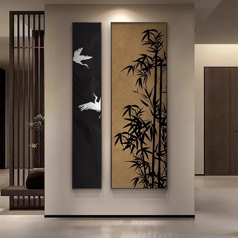 新中式竹子d玄关装饰画日式侘寂风茶室挂画寓意好仙鹤走廊过道壁图片