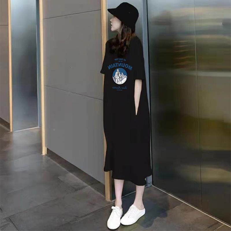 纯棉短夏袖T新恤裙女2026春款宽L31091F松大感码设计过膝长款黑色