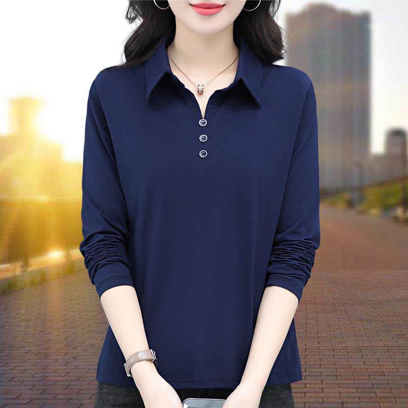 秋国翻领袖t恤女2502春装2韩02长6年新款宽松洋派中年纯棉内搭衣