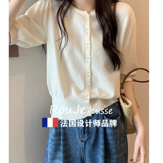 法国Ro71725320uje uss肚e遮子冰丝短袖针织女夏季胖妹妹洋派t显