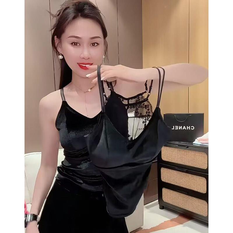 网红绒拼丝接T0293水溶蕾丝一肩体双带吊2026春秋新带款显瘦百搭