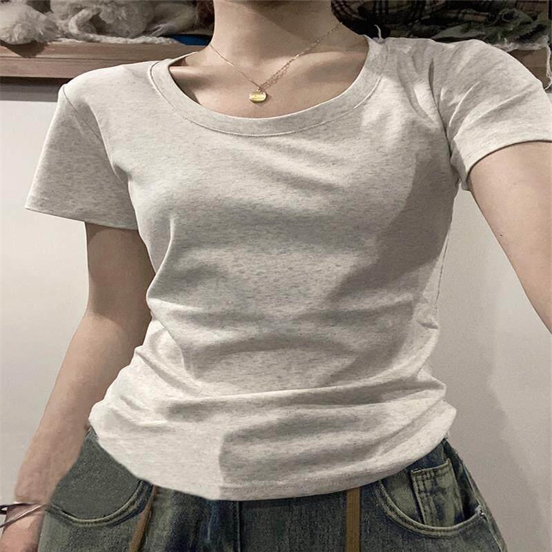 韩国024季正肩圆T恤女短袖修身显2瘦UTJ001领纯棉灰色领内搭打底