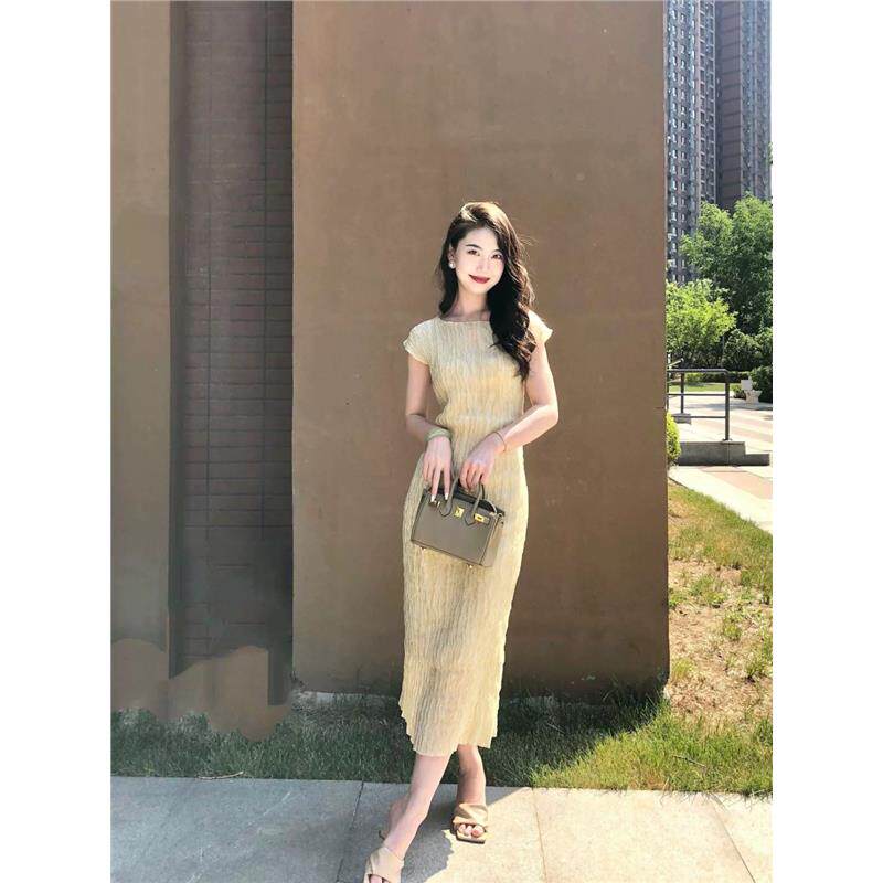 欧洲4460站法式款高级感气质显瘦黄雪纺连女衣裙夏新设计色感修身