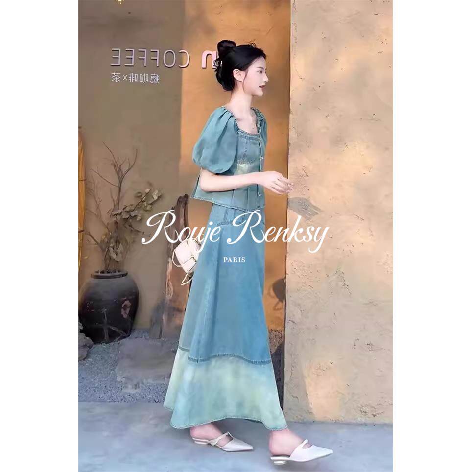 法国rouje renksy法式方领泡泡袖上衣短款高腰牛仔半身裙女夏套装