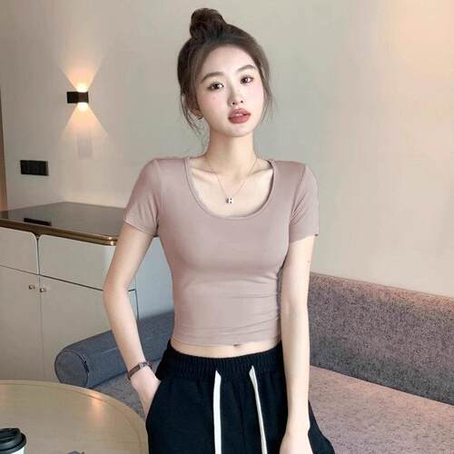 黑色莫代尔短袖T恤夏正肩U领露锁女短骨L37791F款露脐修身季显瘦