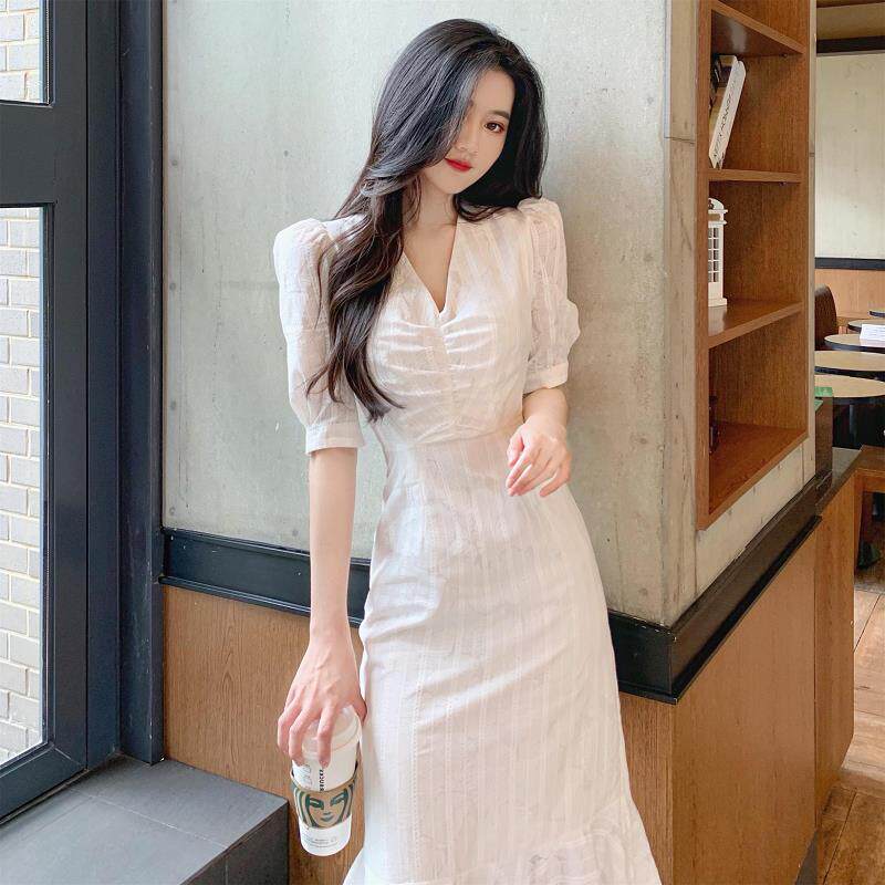 欧洲站夏季2025年新款超仙女显瘦裙子法式过膝白色鱼尾连衣裙子女