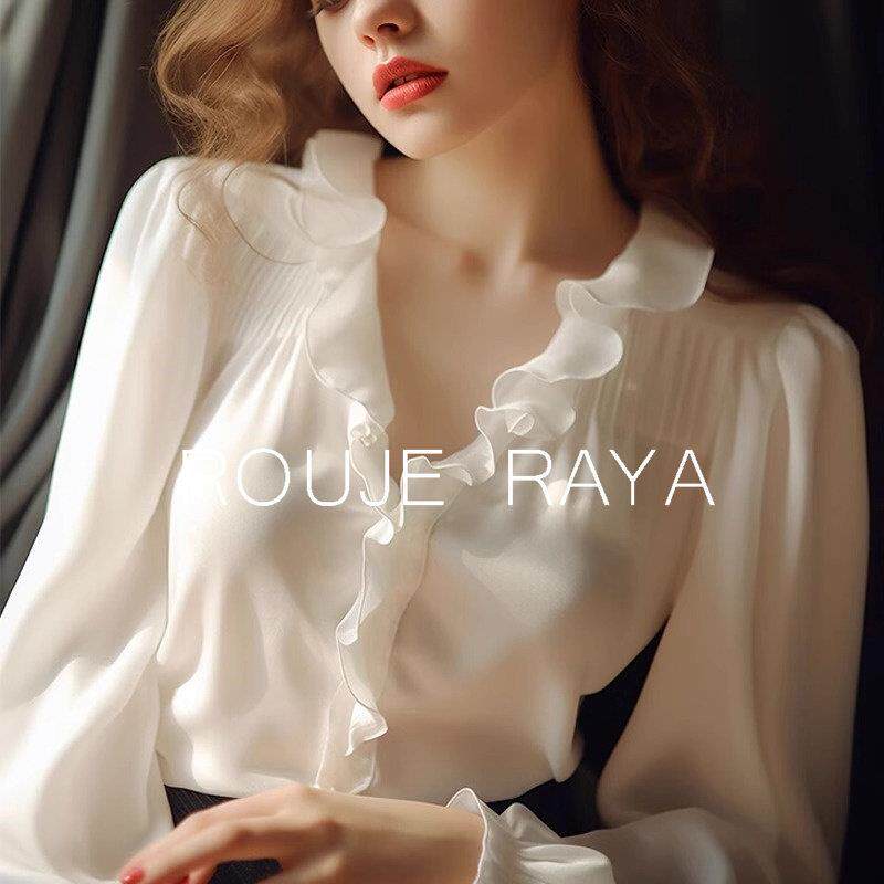 a法国Rouje Ray法式木耳白色长袖IT202403衬衫女夏边季防晒上计衣