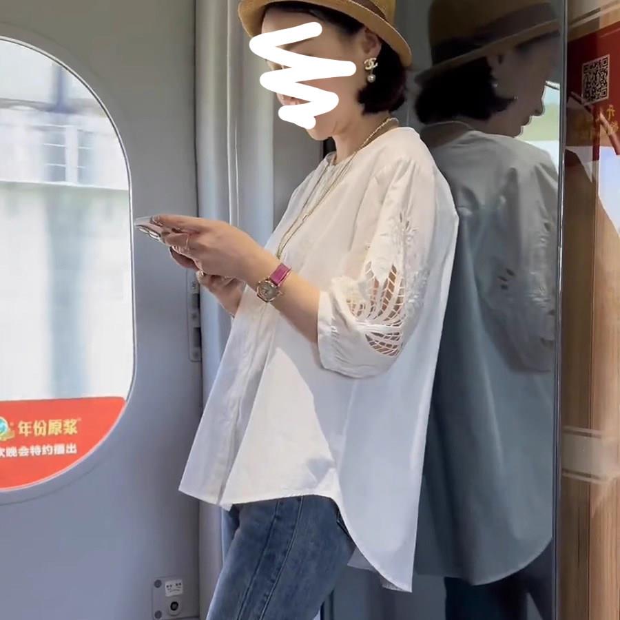 设计感小众刺绣T1280衬衫女白2026新款韩版休宽松上衣镂夏空闲小