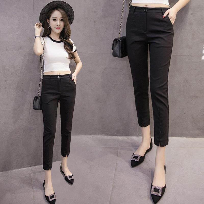 韩国女夏时髦黑好色修身八分F9006开休叉闲窄脚裤小个春子穿九分