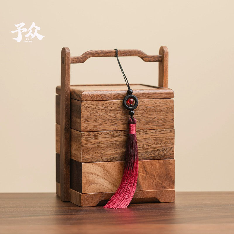 胡桃木手提三层提篮托盘家用零食盘实木分格干果盘木质糖果盒坚果