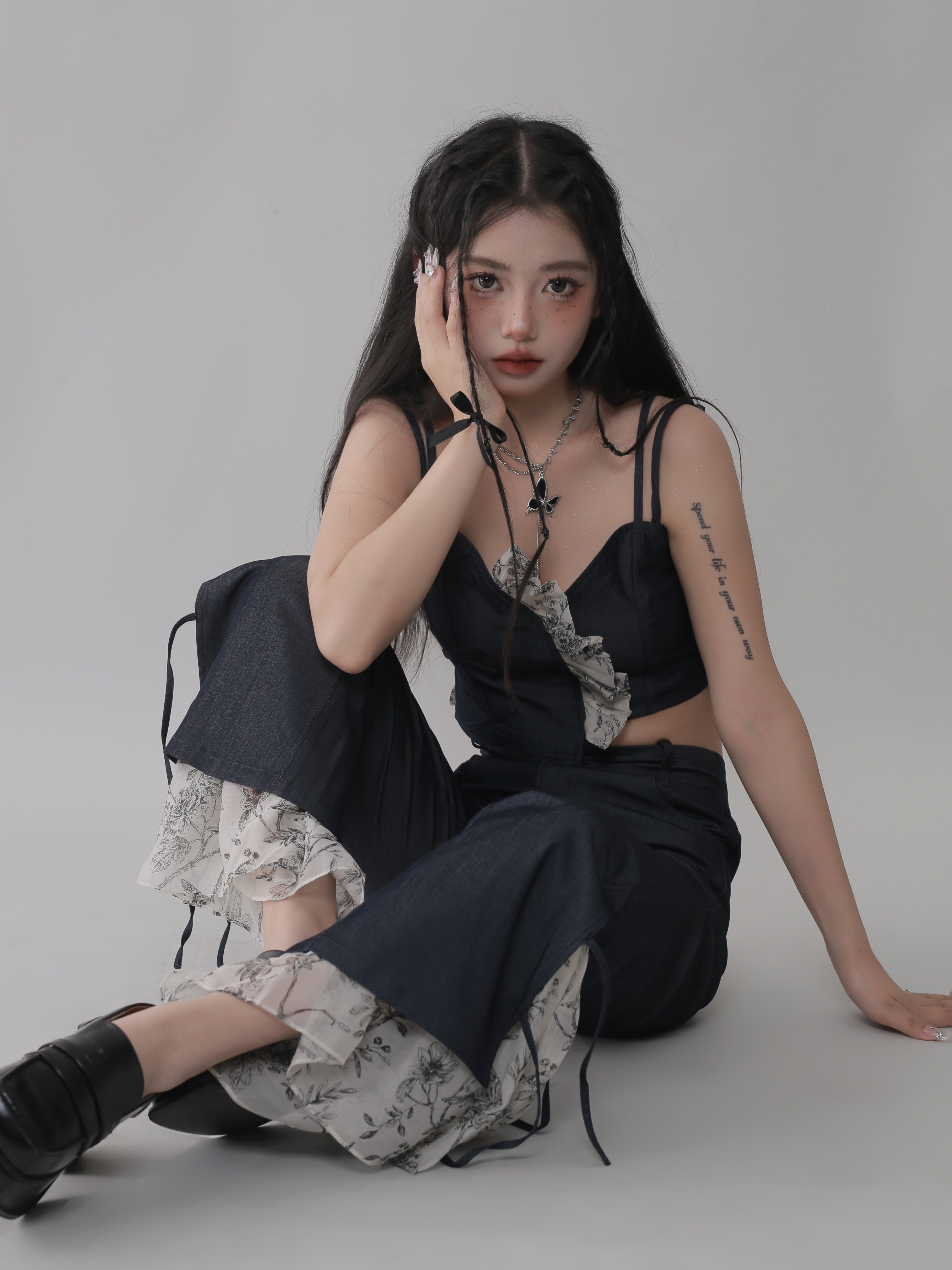 YLING.L原创设计高腰开叉牛仔裤