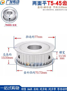 同步轮T5b-45齿/T 两面平 T545齿 同步皮带轮 AF型 内孔8-25mm可