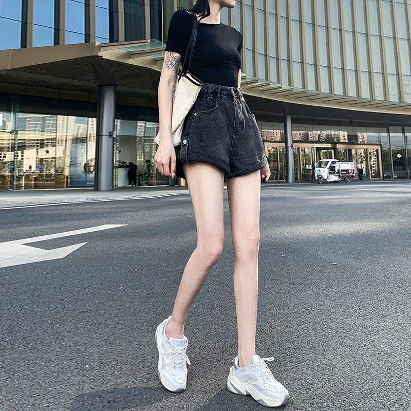 渐变色卷边牛仔短裤女2024夏季新款大码高腰宽松显瘦阔腿a字热裤