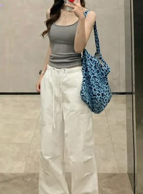 175高个子加长美式白色工装裤女夏季新款高腰宽松显瘦阔腿运动裤