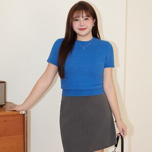 设计感纯色半袖 T恤大码 内搭上衣女 通勤圆领针织打底短袖 胖mm法式