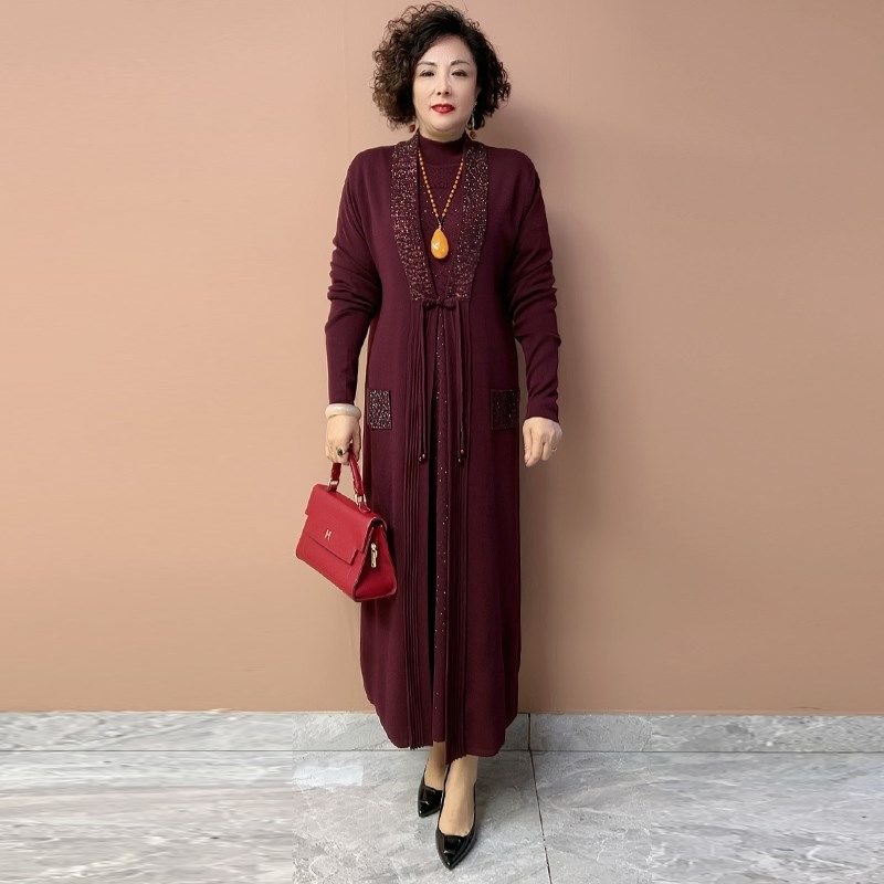 高端妈妈婚宴礼服重工提花针织连衣裙长款宽松两件套打底裙外披女