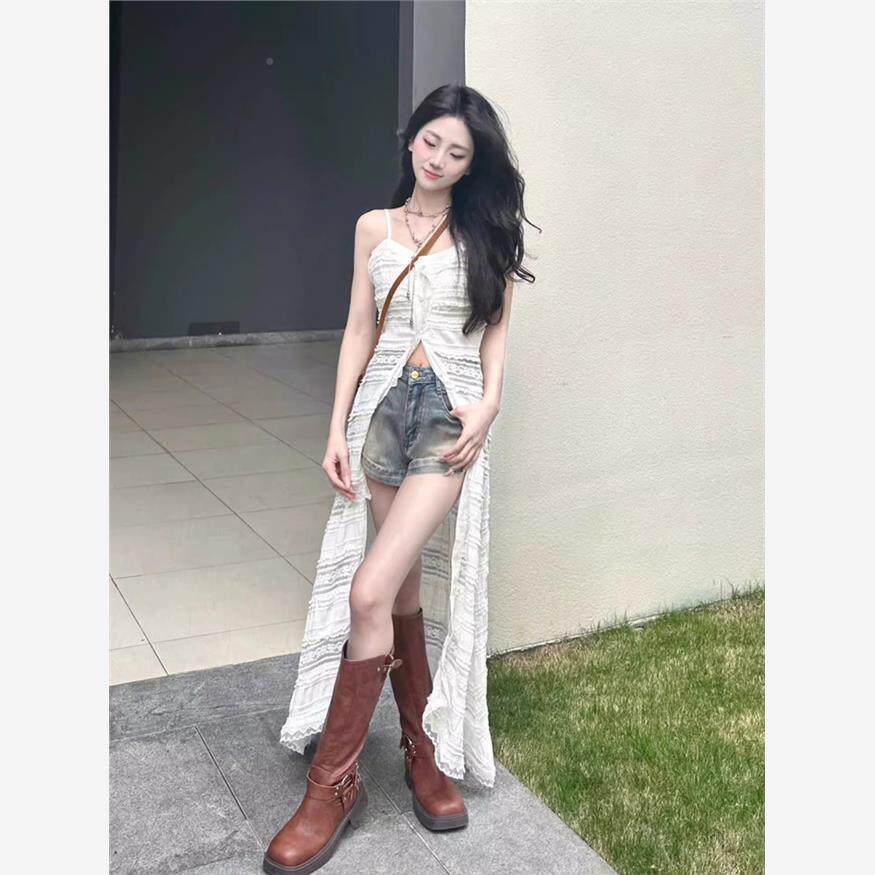法式白色蕾丝连GYS裙衣女夏季高感海边度假穿搭三级亚沙开叉长裙