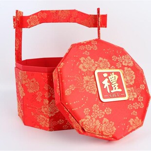 中式复古聘礼g盒订婚圆形布艺手提篮结婚提亲彩礼盒喜糖礼金手提