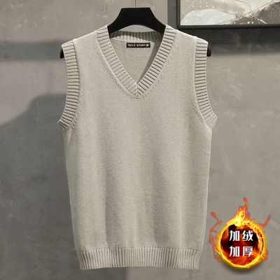 纯棉毛衣Q马甲男款秋冬季加绒加厚保暖无袖坎肩背心V领针织衫线衣