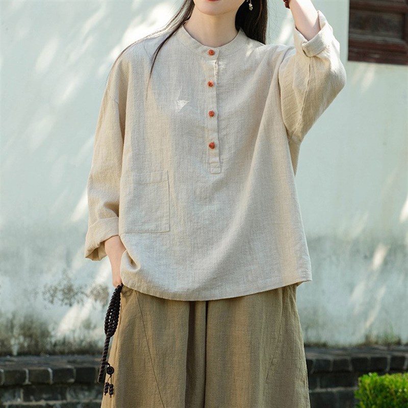 棉麻太极服女上衣春季 时尚立领亚麻太极拳Q练功服晨练服武术服