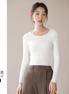 短款针织衫女秋冬圆领高腰紧身长袖套头内搭打底衫上衣黑白色毛衣
