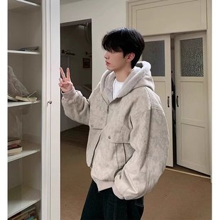 冬季 宽松复古cleanfit大理石座山雕外套潮 加绒保暖连帽棉服男冬装