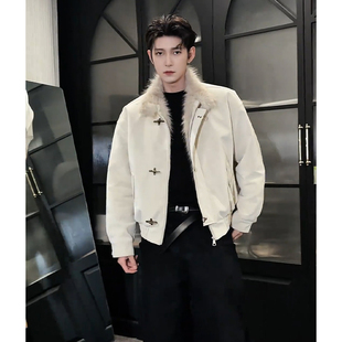 美式哈灵顿皮衣棉服男士冬季设计感飞机扣加厚保暖座山雕毛毛外套