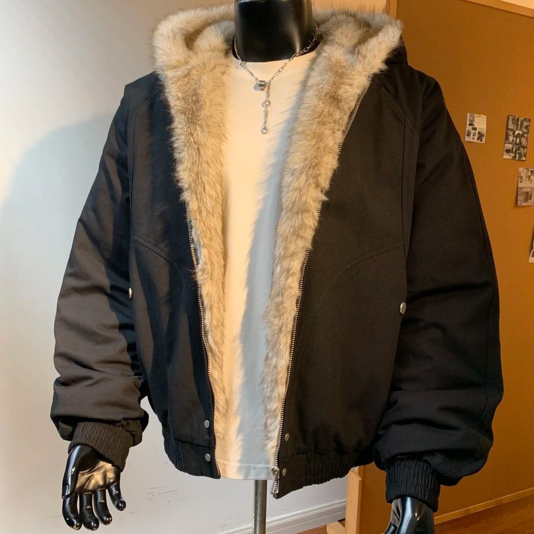 黑色短款连帽座山雕毛领棉服男冬季加厚保暖美式复古廓形棉衣外套,男装,棉衣,淘宝优惠券,粉丝福利购,淘宝优惠卷