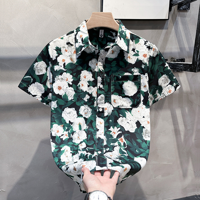 时尚潮牌尖领短袖潮印花衬衫